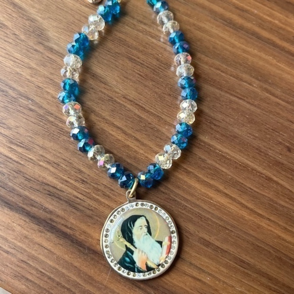 Estate Catholic Saint Blue and White Crystal Beads Gold Tone Necklace